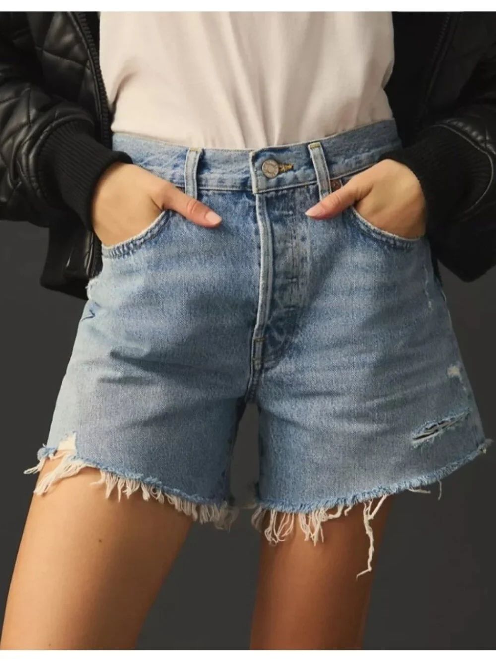 NEW Agolde Parker Long Shorts Cut-Off Distressed High-Rise Denim Button-Fly 24